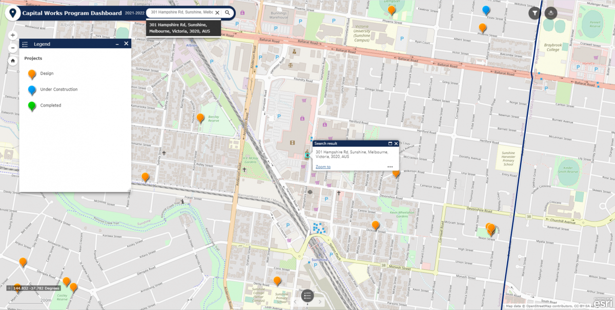 Interactive map highlighting Capital Works Program and the stage they are at - Design, Under Construction or Completed