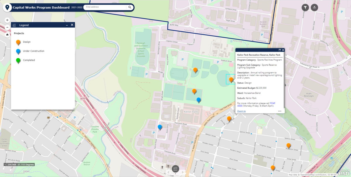 Interactive map highlighting Capital Works Program and the stage they are at - Design, Under Construction or Completed. Shows pop up window with details of the Keilor Park Recreation Reserve Sport Facility Upgrade